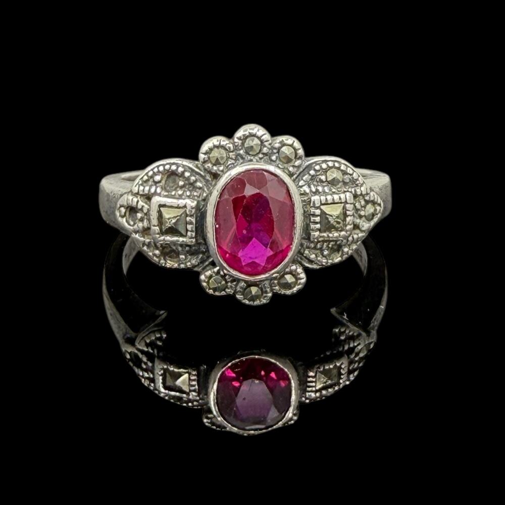Antique Style Created Ruby Marcasite Ring 925 Sterling Silver Size 9.5